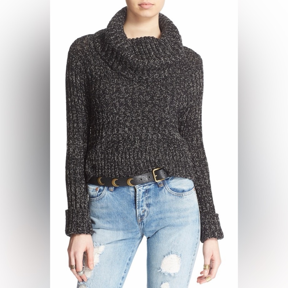 Free People Twisted Cable Marled Turtleneck Crop Sweater